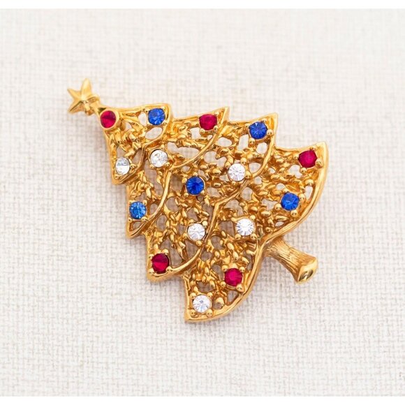 Vintage Rhinestone Christmas Brooch, Gold Tone Christmas Tree Brooch Pin - A11 - Picture 1 of 2